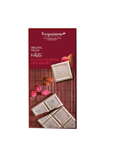 Βιολογική Λευκή σοκολάτα με αλατισμένα αμύγδαλα και κράνμπερις 70gr BENJAMISSIMO
