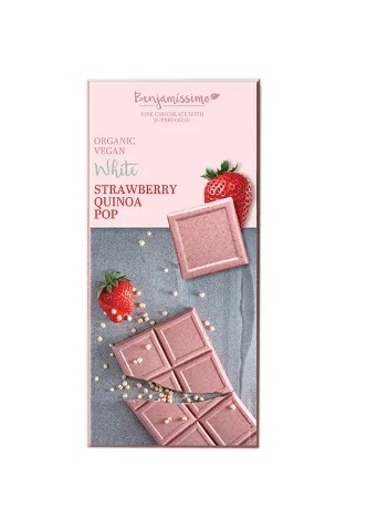 Βιολογική Λευκή σοκολάτα με Φράουλες, Τραγανούς Κόκκους Κινόα 70gr BENJAMISSIMO